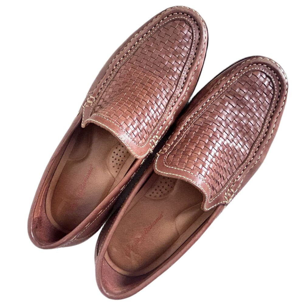 Tommy Bahama Mens Shoes  9 Brown Leather Loafers Brooks Bay Woven Vamp - Picture 3 of 11
